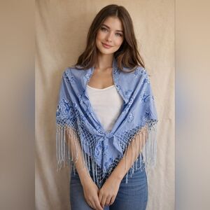 Elegant Blue Embroidered  triangle scarf 40"×40"×60"